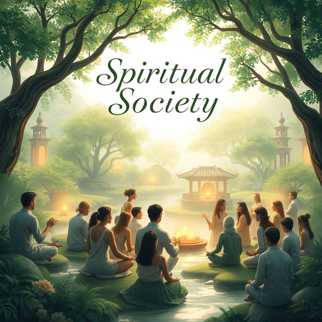 A captivating book cover design that represents a spiritual society, featuring a diverse group of people gathered in a serene, communal space filled with symbolic elements that evoke spirituality