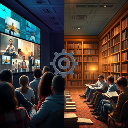 A visually captivating and informative scene illustrating the concept of knowledge acquisition through different mediums