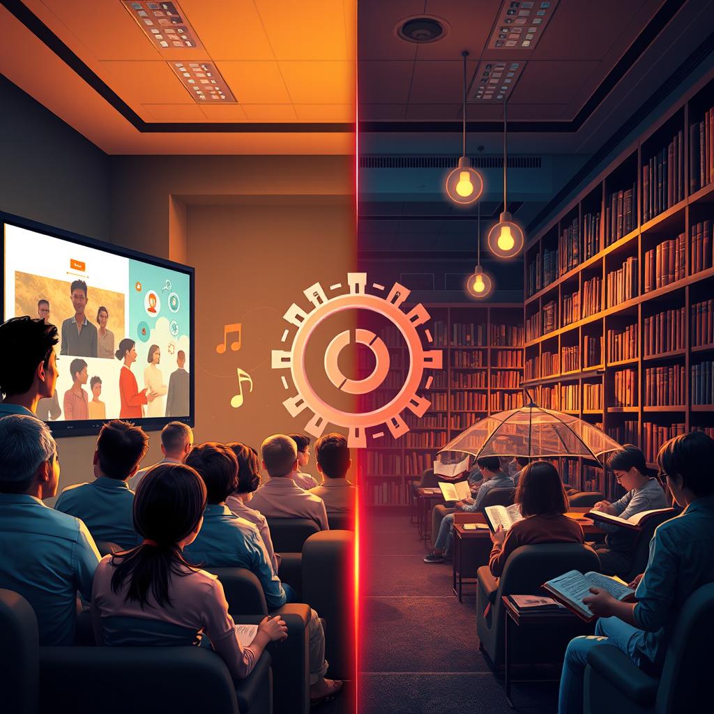 A visually captivating and informative scene illustrating the concept of knowledge acquisition through different mediums