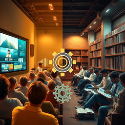 A visually captivating and informative scene illustrating the concept of knowledge acquisition through different mediums