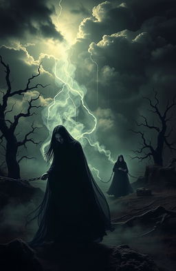 A hauntingly beautiful scene depicting the theme of dark secrets and forbidden longings, with shadowy figures symbolizing generational hatred being broken free from intricate chains