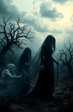A hauntingly beautiful scene depicting the theme of dark secrets and forbidden longings, with shadowy figures symbolizing generational hatred being broken free from intricate chains