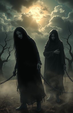 A hauntingly beautiful scene depicting the theme of dark secrets and forbidden longings, with shadowy figures symbolizing generational hatred being broken free from intricate chains