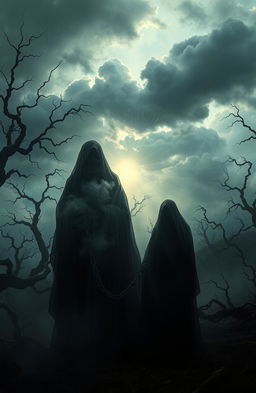 A hauntingly beautiful scene depicting the theme of dark secrets and forbidden longings, with shadowy figures symbolizing generational hatred being broken free from intricate chains