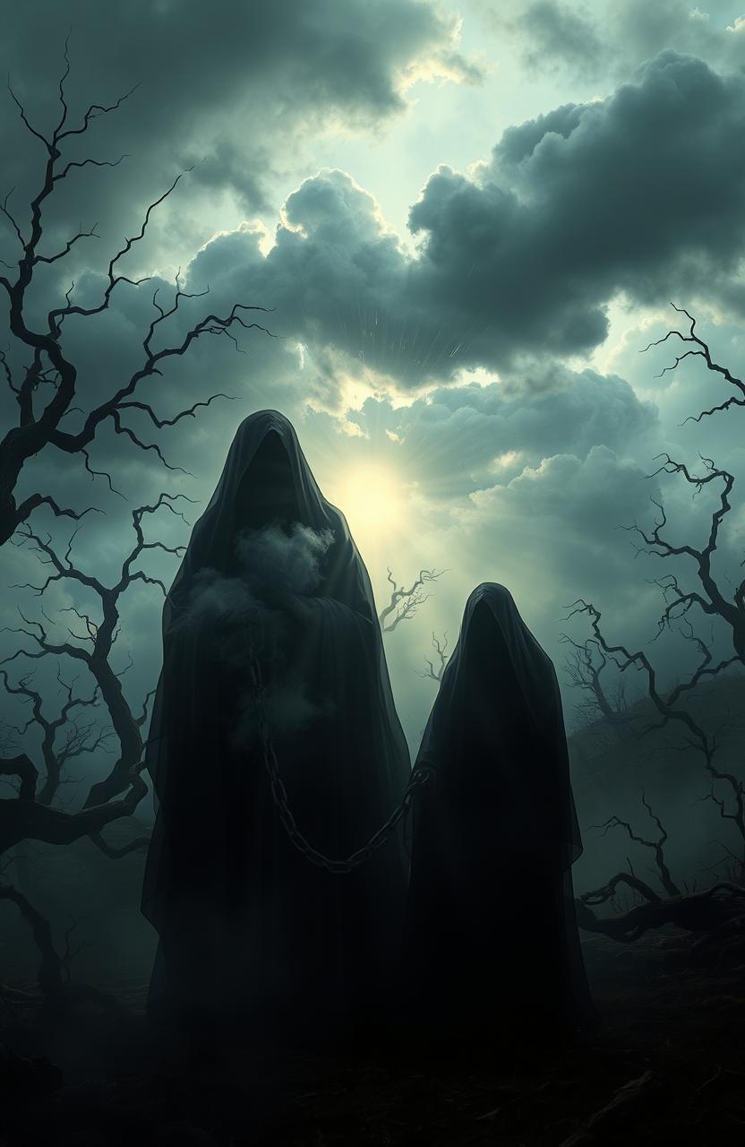 A hauntingly beautiful scene depicting the theme of dark secrets and forbidden longings, with shadowy figures symbolizing generational hatred being broken free from intricate chains