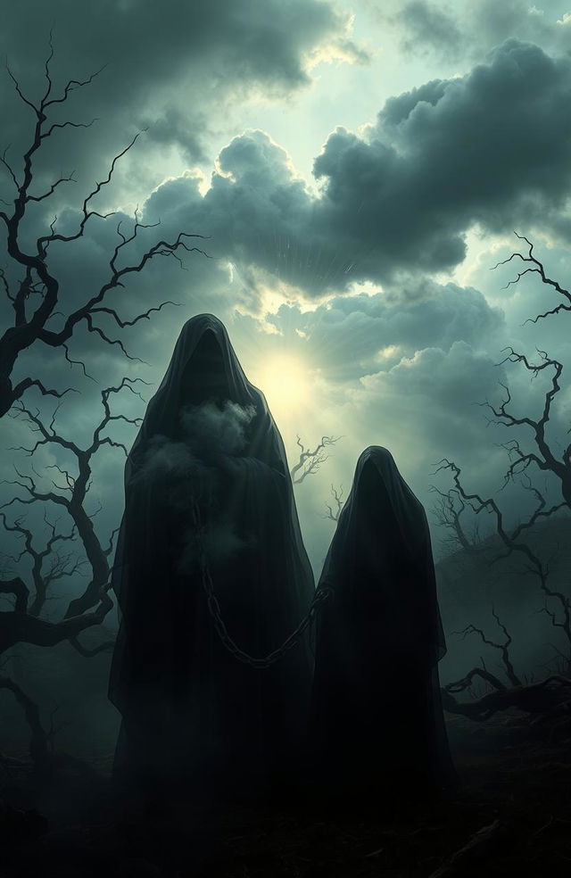 A hauntingly beautiful scene depicting the theme of dark secrets and forbidden longings, with shadowy figures symbolizing generational hatred being broken free from intricate chains