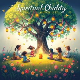 A heartwarming book cover design depicting a 'Spiritual Child Society,' featuring a diverse group of children engaged in joyful, spiritual activities in a nature-filled setting