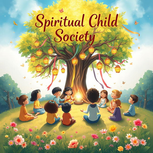 A heartwarming book cover design depicting a 'Spiritual Child Society,' featuring a diverse group of children engaged in joyful, spiritual activities in a nature-filled setting