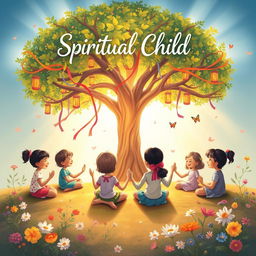 A heartwarming book cover design depicting a 'Spiritual Child Society,' featuring a diverse group of children engaged in joyful, spiritual activities in a nature-filled setting