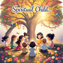 A heartwarming book cover design depicting a 'Spiritual Child Society,' featuring a diverse group of children engaged in joyful, spiritual activities in a nature-filled setting