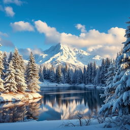 A majestic winter landscape featuring a towering Mt