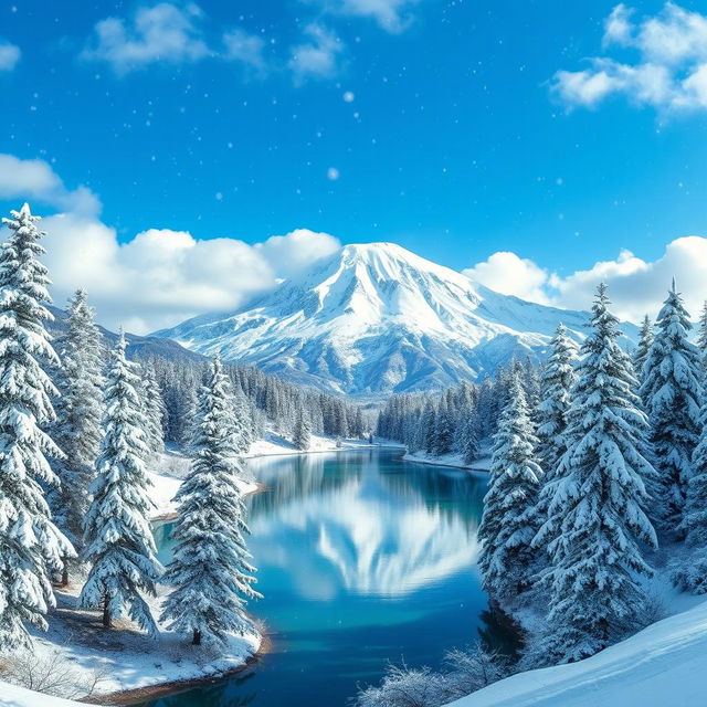 A majestic winter landscape featuring a towering Mt