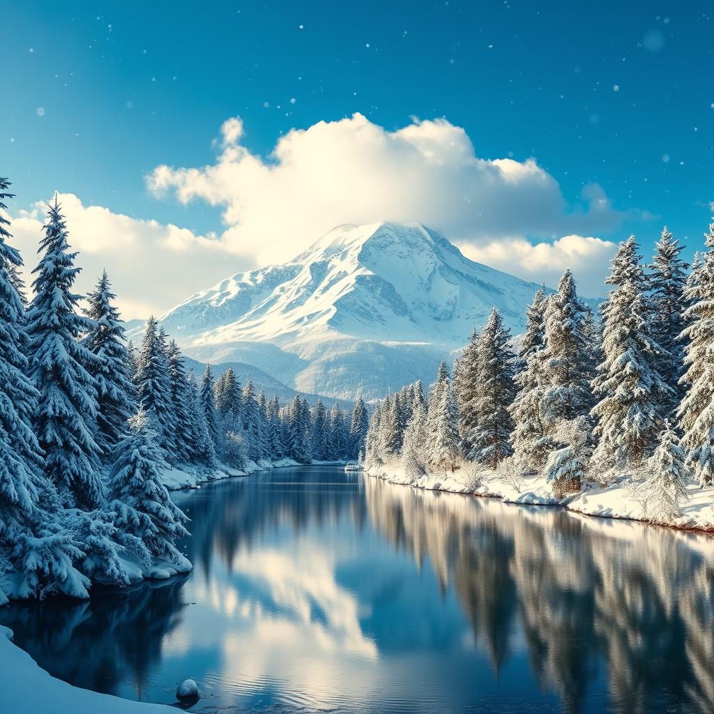 A majestic winter landscape featuring a towering Mt
