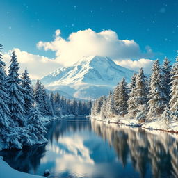 A majestic winter landscape featuring a towering Mt