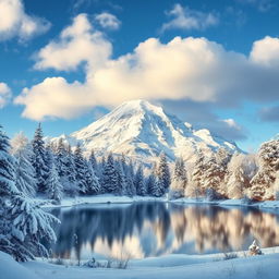 A majestic winter landscape featuring a towering Mt