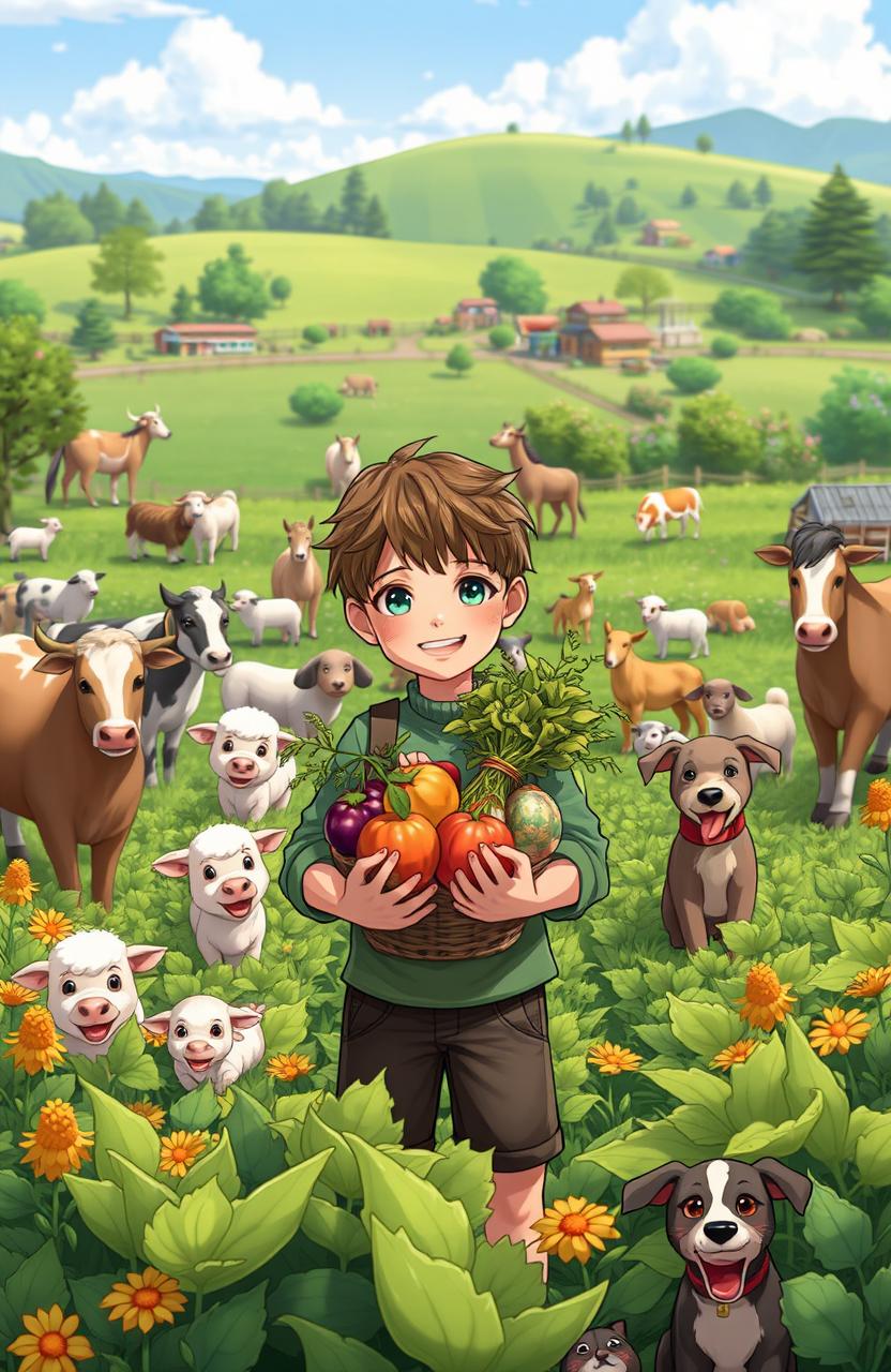 A vibrant garden scene featuring a 21-year-old character holding a bountiful harvest and smiling warmly at the viewer