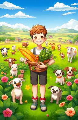 A vibrant garden scene featuring a 21-year-old character holding a bountiful harvest and smiling warmly at the viewer