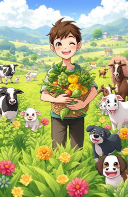A vibrant garden scene featuring a 21-year-old character holding a bountiful harvest and smiling warmly at the viewer