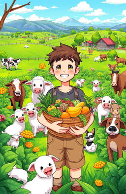 A vibrant garden scene featuring a 21-year-old character holding a bountiful harvest and smiling warmly at the viewer
