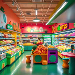 Vibrant and cheerful supermarket interior design, featuring colorful displays and bright, welcoming colors