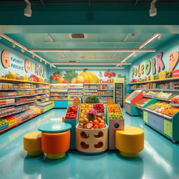 Vibrant and cheerful supermarket interior design, featuring colorful displays and bright, welcoming colors