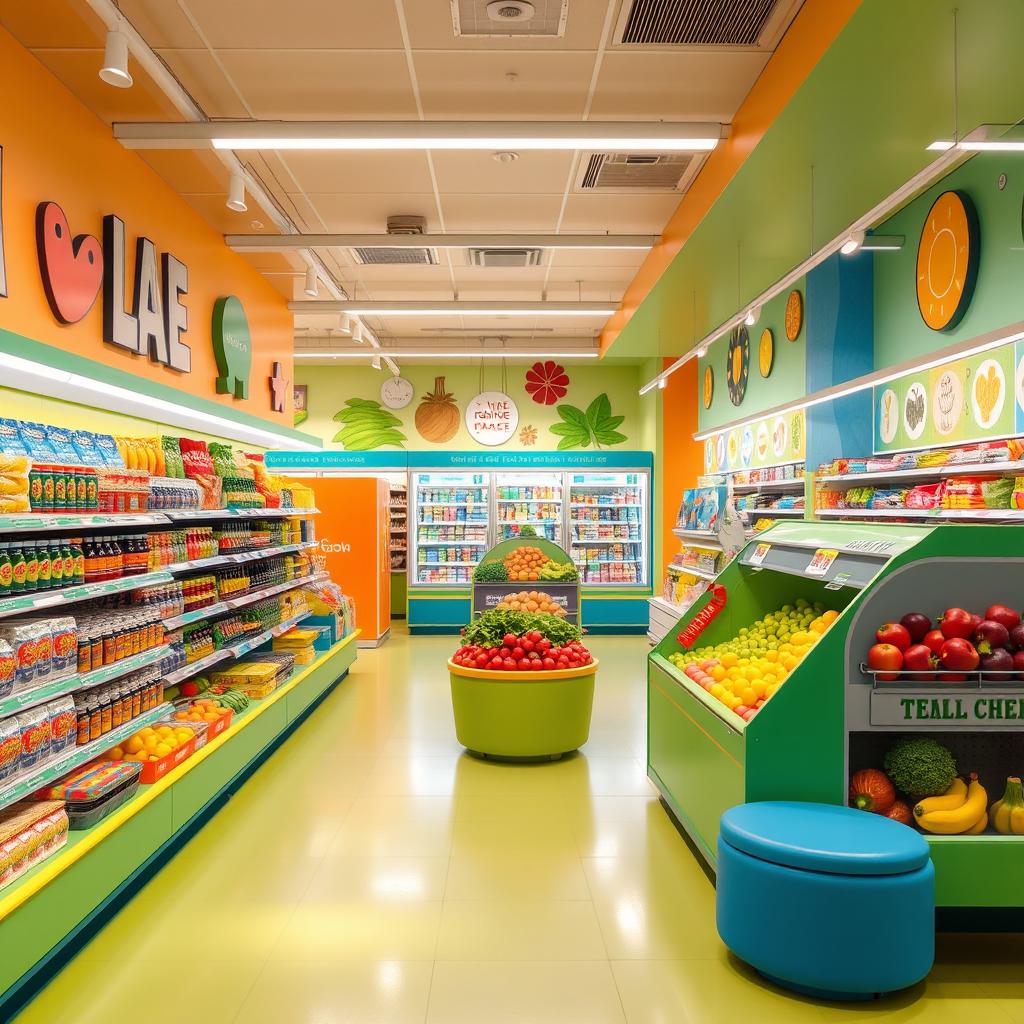 Vibrant and cheerful supermarket interior design, featuring colorful displays and bright, welcoming colors