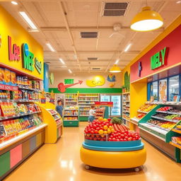 Vibrant and cheerful supermarket interior design, featuring colorful displays and bright, welcoming colors