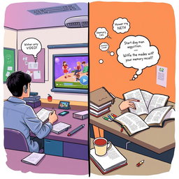 A split-scene illustration exploring the theme of knowledge acquisition through two different mediums: on one side, a classroom environment with a student attentively watching an auditory-narrated video, surrounded by notes, digital devices, and a vivid display screen showcasing engaging visuals and animations