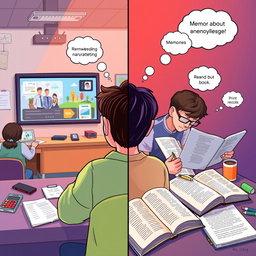 A split-scene illustration exploring the theme of knowledge acquisition through two different mediums: on one side, a classroom environment with a student attentively watching an auditory-narrated video, surrounded by notes, digital devices, and a vivid display screen showcasing engaging visuals and animations