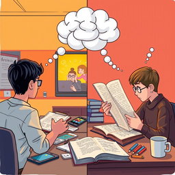 A split-scene illustration exploring the theme of knowledge acquisition through two different mediums: on one side, a classroom environment with a student attentively watching an auditory-narrated video, surrounded by notes, digital devices, and a vivid display screen showcasing engaging visuals and animations