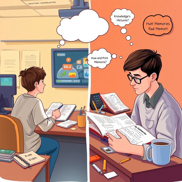 A split-scene illustration exploring the theme of knowledge acquisition through two different mediums: on one side, a classroom environment with a student attentively watching an auditory-narrated video, surrounded by notes, digital devices, and a vivid display screen showcasing engaging visuals and animations