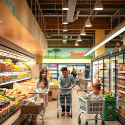 Cozy, family-friendly supermarket interior, featuring warm lighting and inviting decor