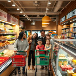 Cozy, family-friendly supermarket interior, featuring warm lighting and inviting decor