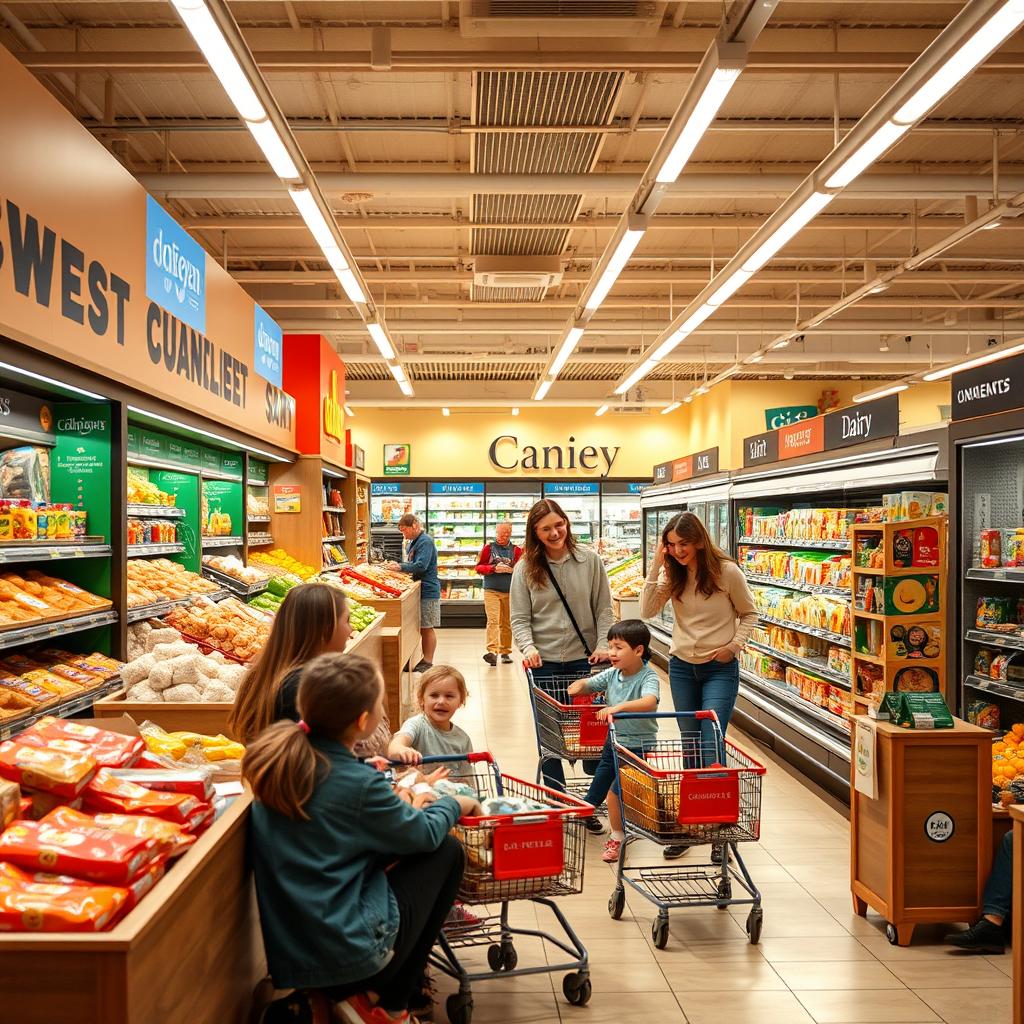 Cozy, family-friendly supermarket interior, featuring warm lighting and inviting decor