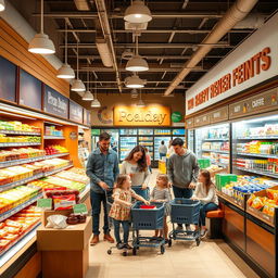 Cozy, family-friendly supermarket interior, featuring warm lighting and inviting decor