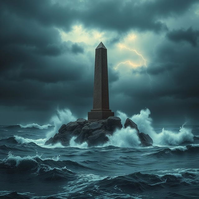 A dramatic scene of dark, stormy seas with giant waves crashing against a small rocky island