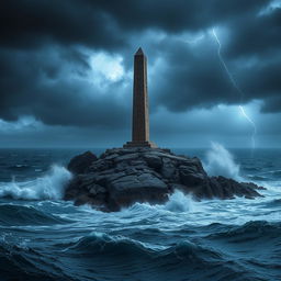 A dramatic scene of dark, stormy seas with giant waves crashing against a small rocky island