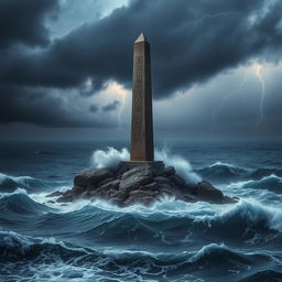 A dramatic scene of dark, stormy seas with giant waves crashing against a small rocky island