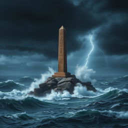 A dramatic scene of dark, stormy seas with giant waves crashing against a small rocky island