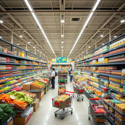 Expansive and spacious supermarket interior showcasing a wide variety of products