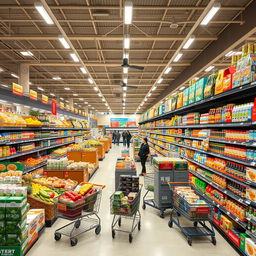 Expansive and spacious supermarket interior showcasing a wide variety of products