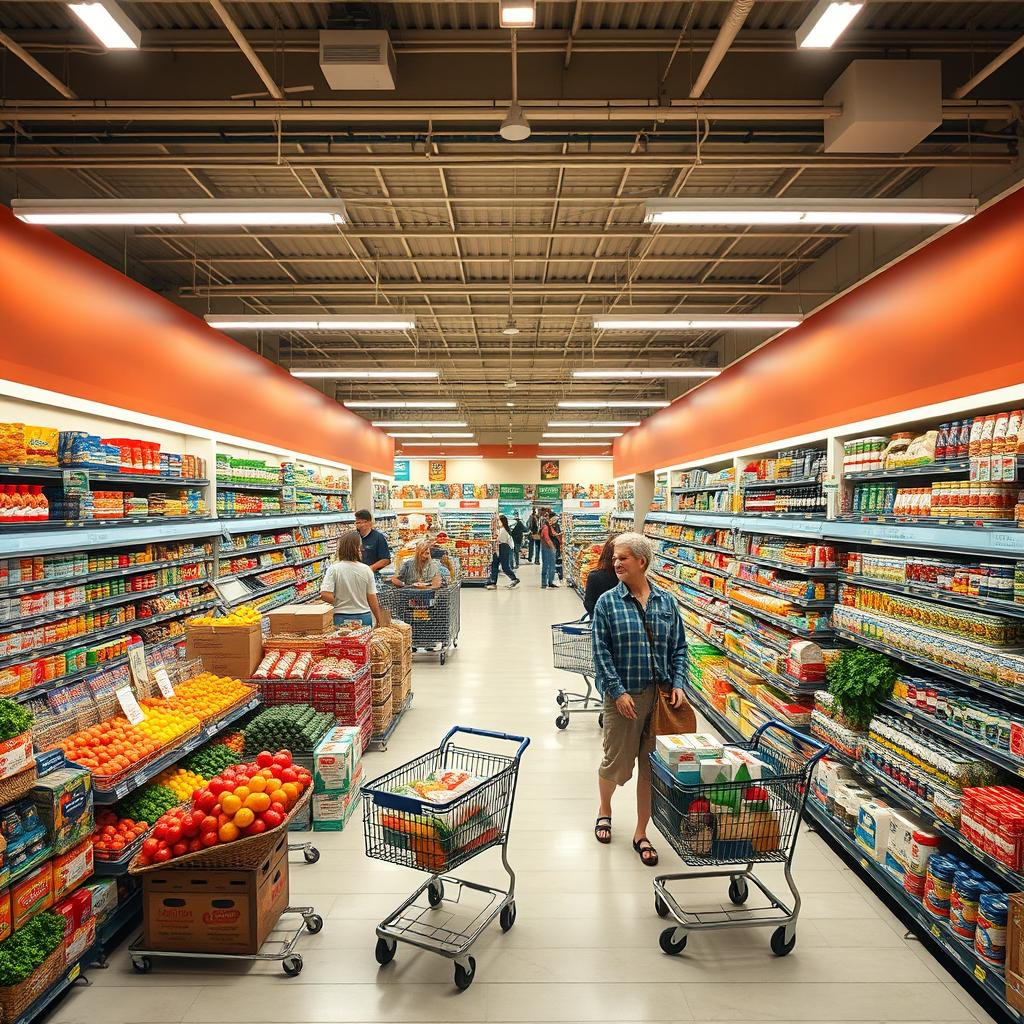 Expansive and spacious supermarket interior showcasing a wide variety of products