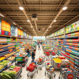 Expansive and spacious supermarket interior showcasing a wide variety of products