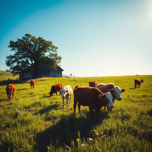A serene countryside scene featuring a lush green meadow filled with grazing cows