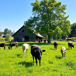 A serene countryside scene featuring a lush green meadow filled with grazing cows