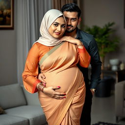 A gorgeous Indian Muslim woman wearing a stylish hijab, complemented by a semi-transparent, fashionable blouse and a tight saree that elegantly hugs her curves, emphasizing her shapely hips and chubby figure