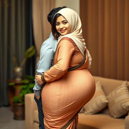 A gorgeous Indian Muslim woman wearing a stylish hijab, complemented by a semi-transparent, fashionable blouse and a tight saree that elegantly hugs her curves, emphasizing her shapely hips and chubby figure