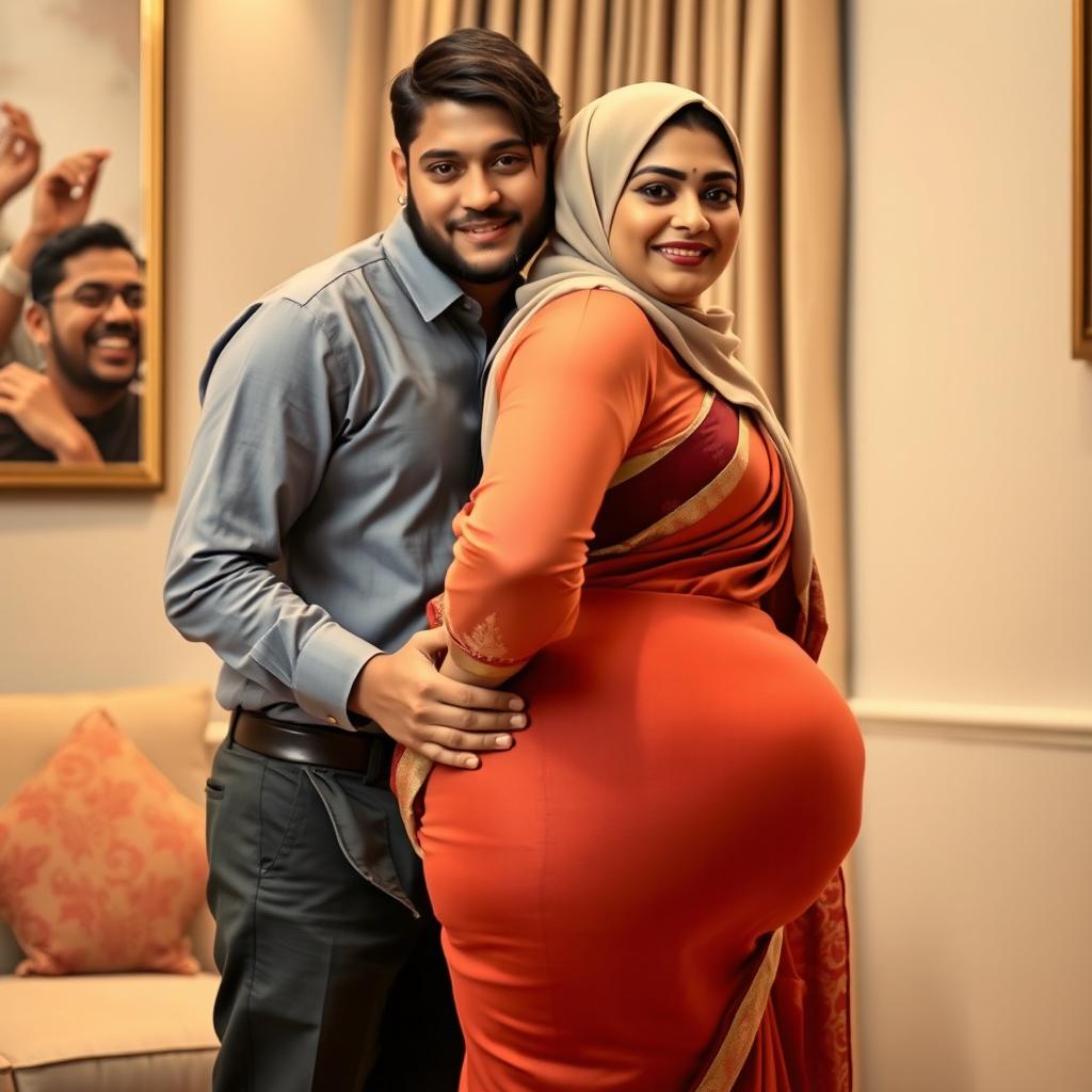 A gorgeous Indian Muslim woman wearing a stylish hijab, complemented by a semi-transparent, fashionable blouse and a tight saree that elegantly hugs her curves, emphasizing her shapely hips and chubby figure