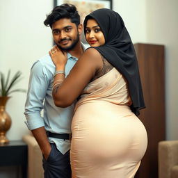 A gorgeous Indian Muslim woman wearing a stylish hijab, complemented by a semi-transparent, fashionable blouse and a tight saree that elegantly hugs her curves, emphasizing her shapely hips and chubby figure
