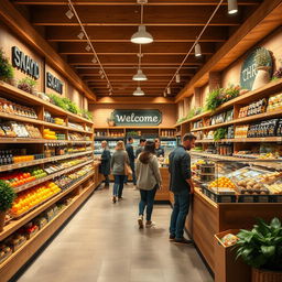Welcoming and cozy supermarket interior, designed to evoke a sense of comfort and trust